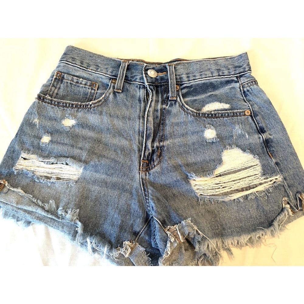 Aeropostale‎ Jean Shorts Womens Sz 4 High Rise Mom Distressed Roll Up Denim